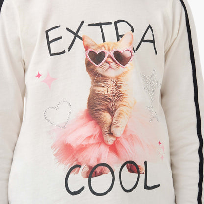 Juniors Cat Print Top with Bow Accents