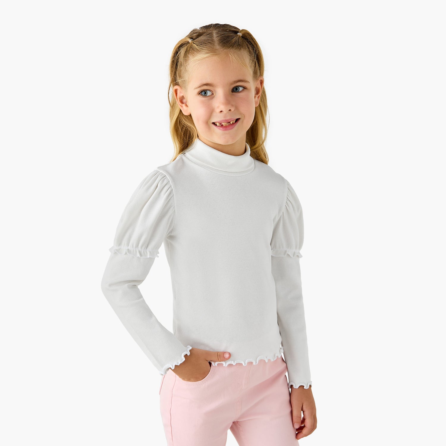 Juniors Ribbed Turtleneck Top with Long Sleeves