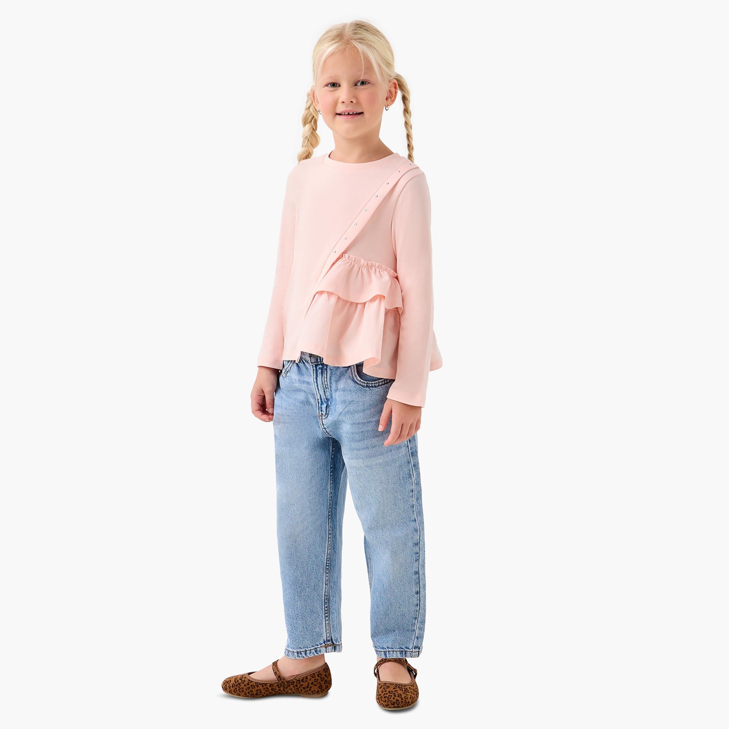 Juniors Girls Crew Neck T-shirt with Ruffle Detail - Cotton - Long Sleeves
