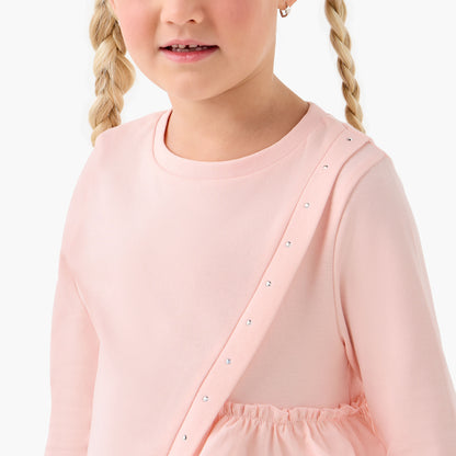 Juniors Girls Crew Neck T-shirt with Ruffle Detail - Cotton - Long Sleeves