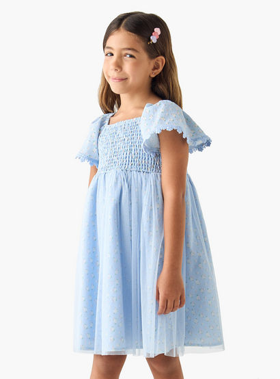 Juniors Floral Print A-line Dress with Square Neck and Smocked Detail-girls-clothing-dressesandjumpsuits-image-1
