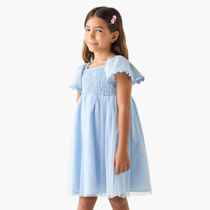 Juniors Floral Print A-line Dress with Square Neck and Smocked Detail - Blue / 5-6 yrs
