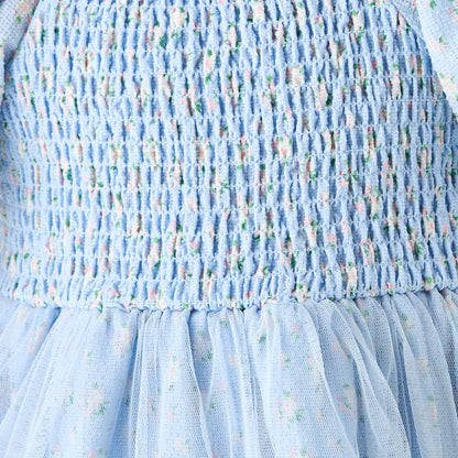 Juniors Floral Print A-line Dress with Square Neck and Smocked Detail