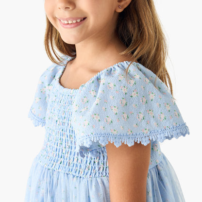 Juniors Floral Print A-line Dress with Square Neck and Smocked Detail