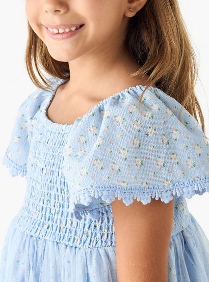Juniors Floral Print A-line Dress with Square Neck and Smocked Detail-girls-clothing-dressesandjumpsuits-image-5