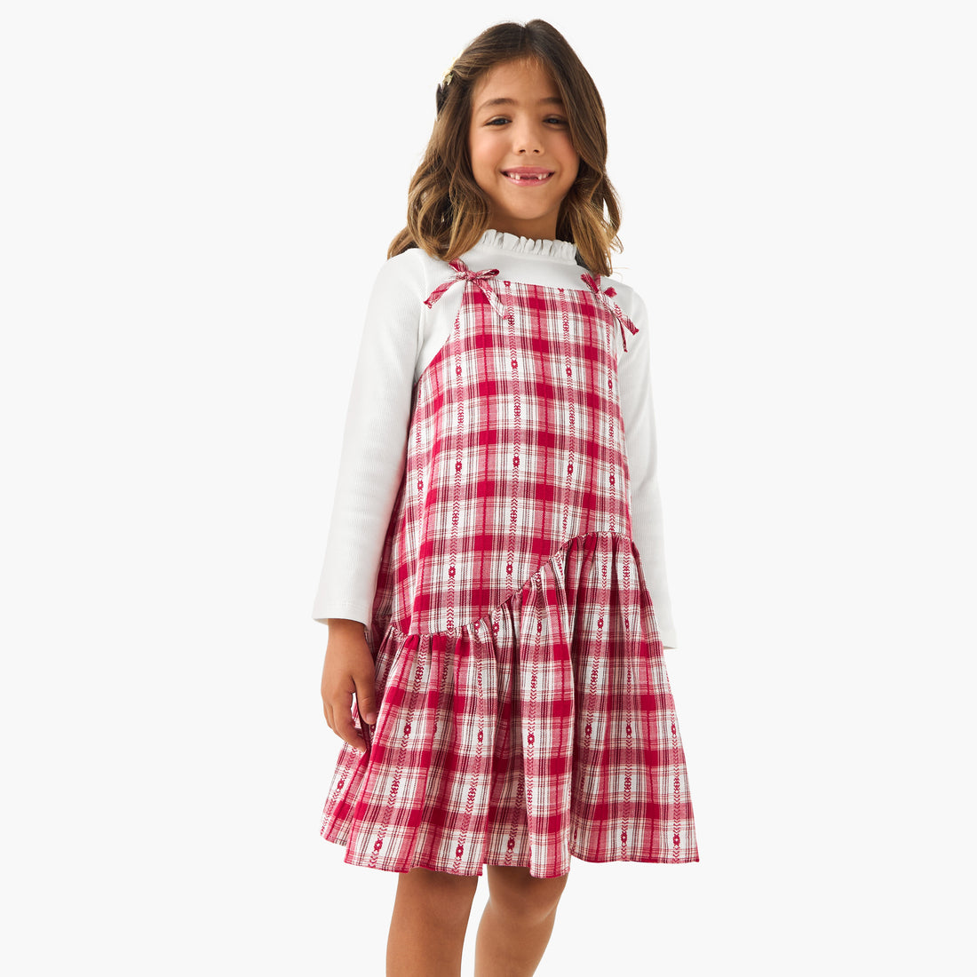 Juniors Piecrust Neck Top with Pinafore Dress - Red / 1-2 yrs