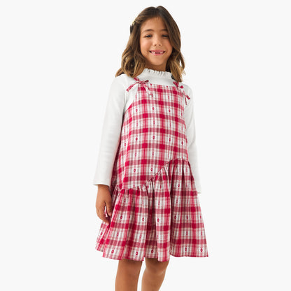 Juniors Piecrust Neck Top with Pinafore Dress - Red / 1-2 yrs