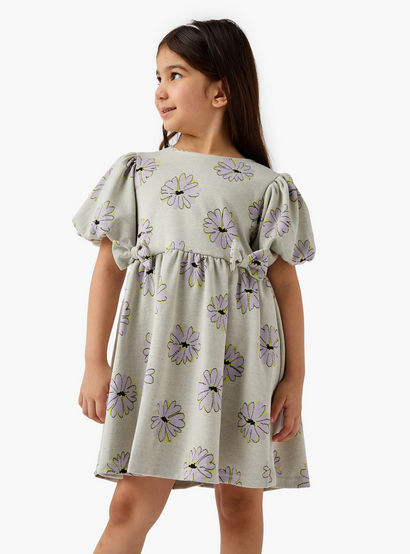 Juniors Bow Accent A-Line Dress with Puff Sleeves-girls-clothing-dressesandjumpsuits-image-1