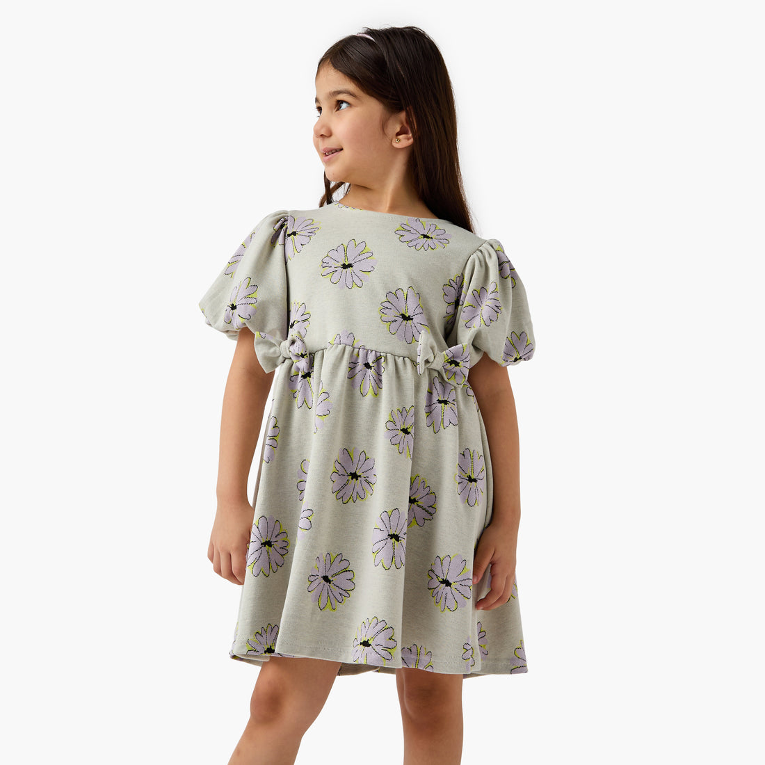 Juniors Bow Accent A-Line Dress with Puff Sleeves - Green / 4-5 yrs