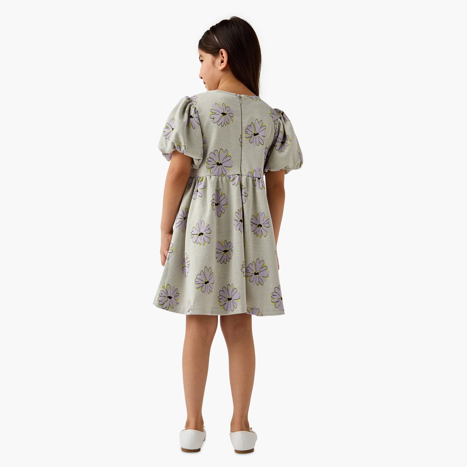 Juniors Bow Accent A-Line Dress with Puff Sleeves
