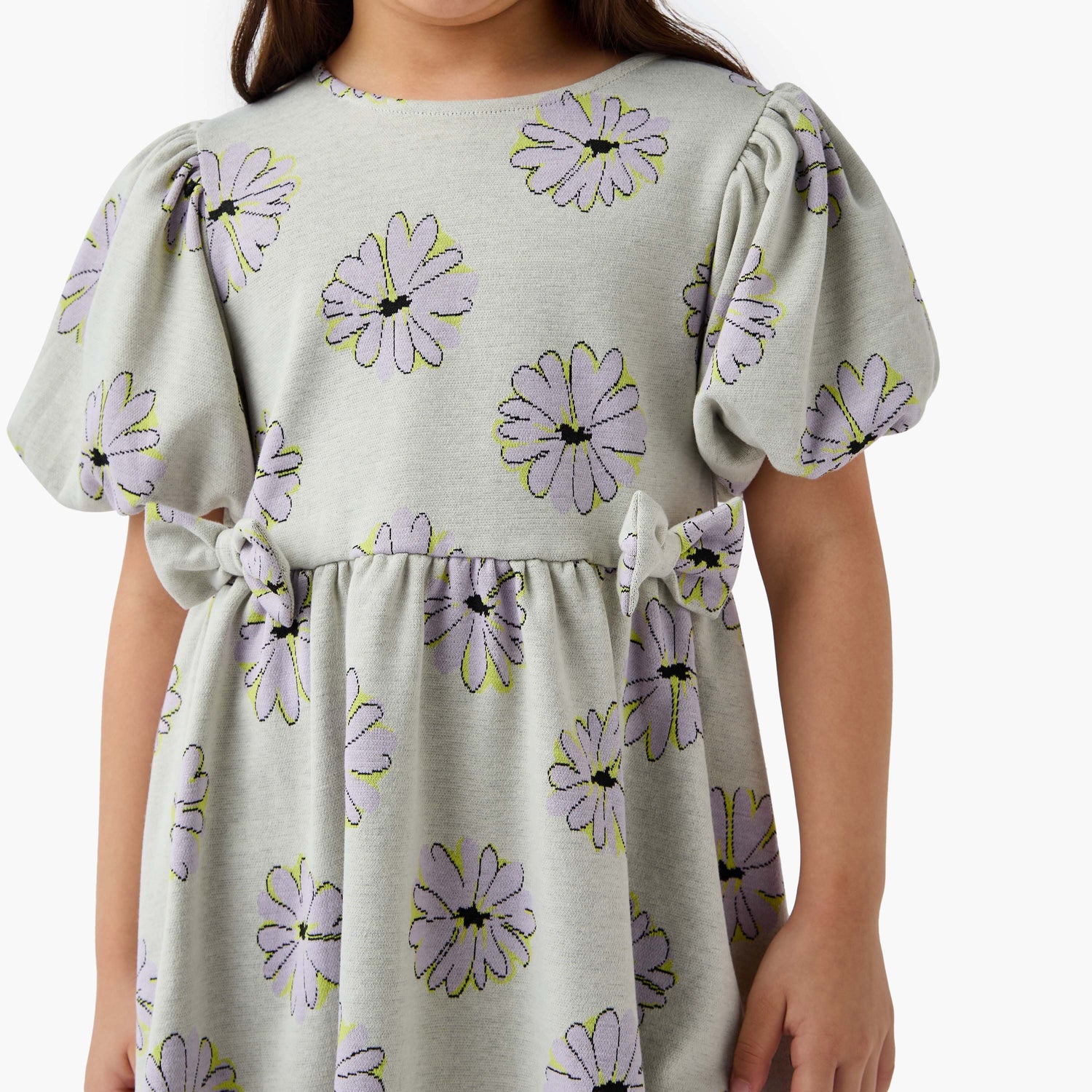Juniors Bow Accent A-Line Dress with Puff Sleeves