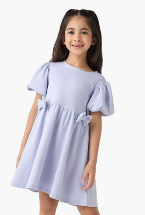 Juniors Bow Accent A-Line Dress with Puff Sleeves