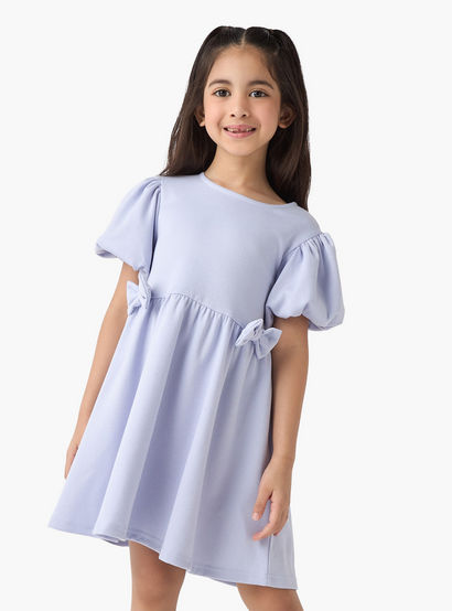 Juniors Bow Accent A-Line Dress with Puff Sleeves-girls-clothing-dressesandjumpsuits-image-1