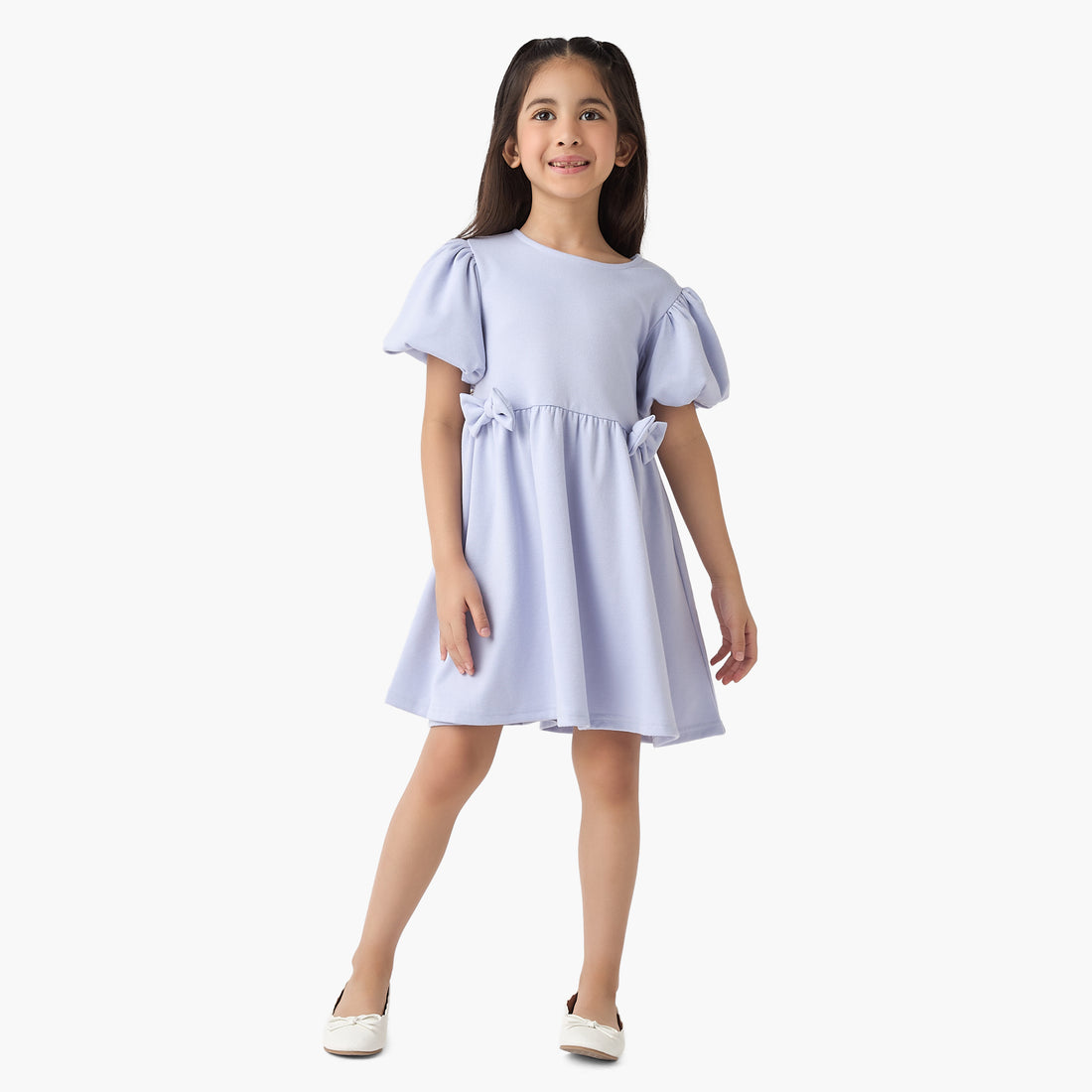 Juniors Bow Accent A-Line Dress with Puff Sleeves