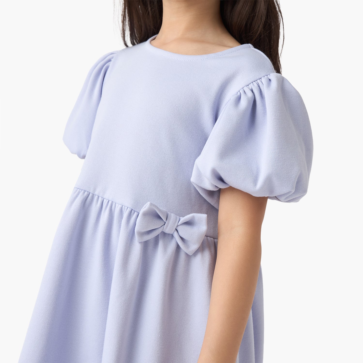 Juniors Bow Accent A-Line Dress with Puff Sleeves