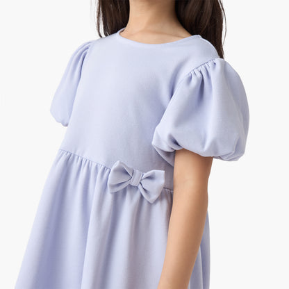 Juniors Bow Accent A-Line Dress with Puff Sleeves