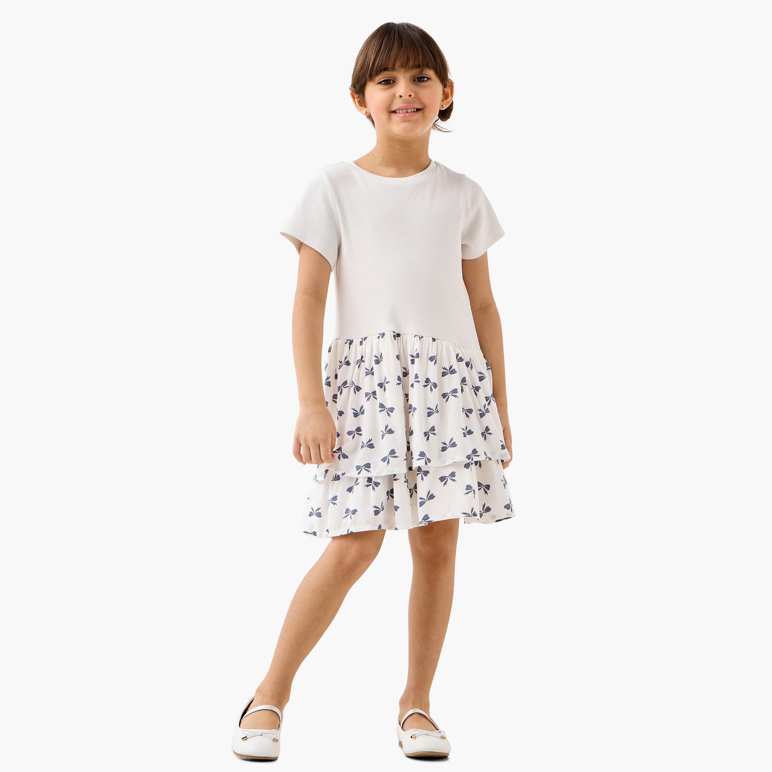 Juniors Bow Print Drop Waist Dress with Short Sleeves