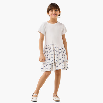 Juniors Bow Print Drop Waist Dress with Short Sleeves