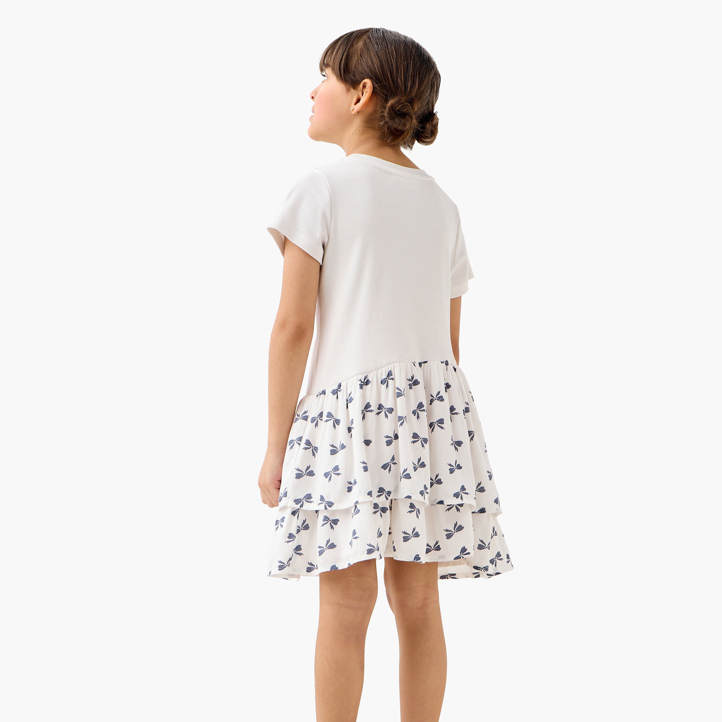 Juniors Bow Print Drop Waist Dress with Short Sleeves
