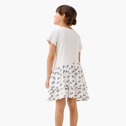Juniors Bow Print Drop Waist Dress with Short Sleeves