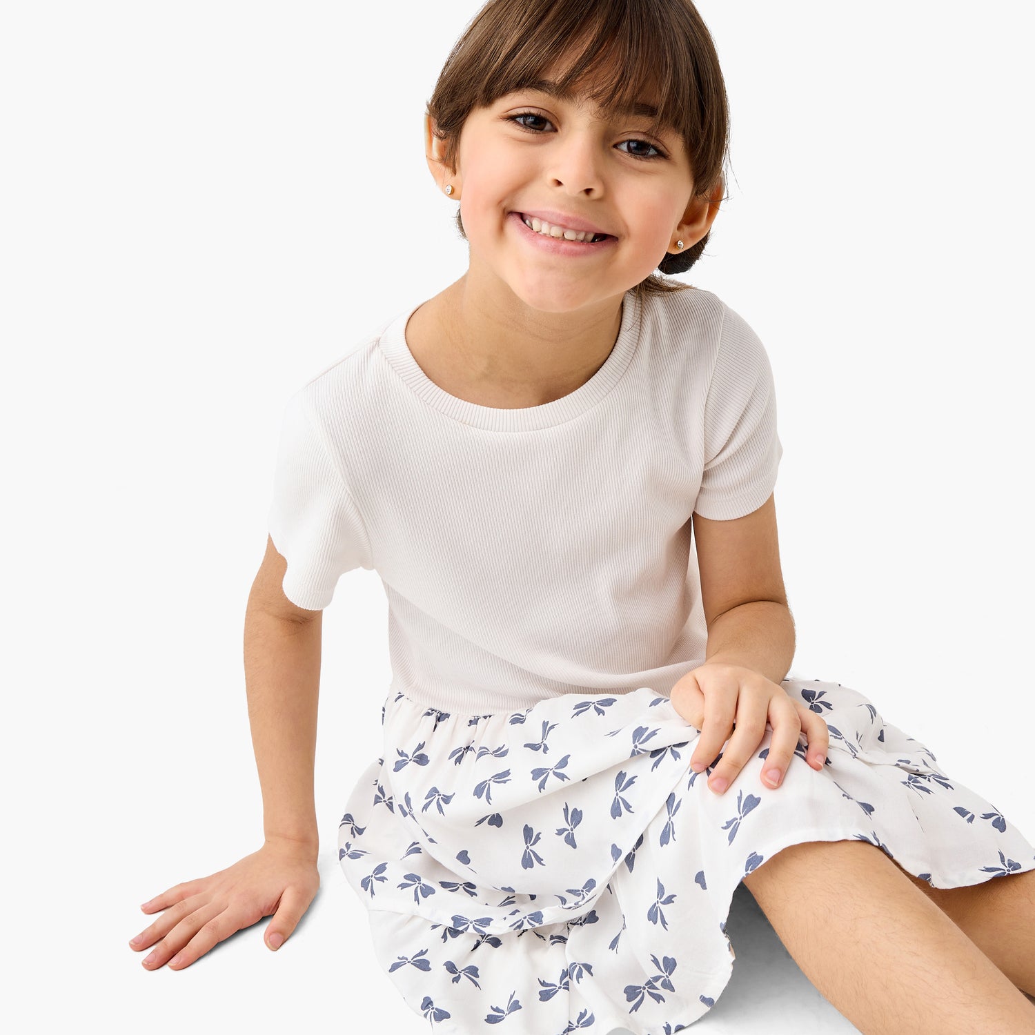 Juniors Bow Print Drop Waist Dress with Short Sleeves
