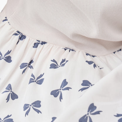 Juniors Bow Print Drop Waist Dress with Short Sleeves