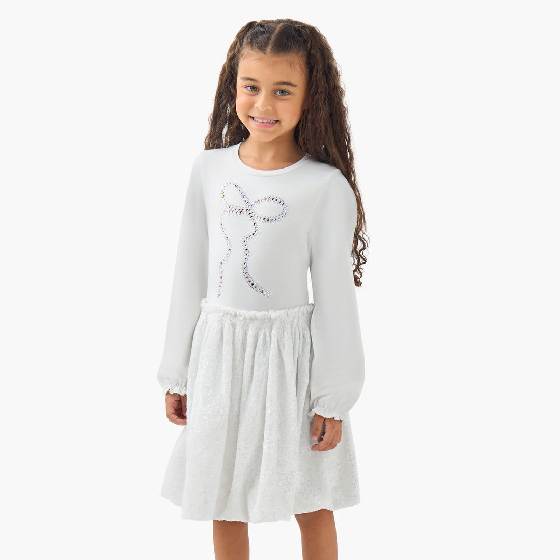 Juniors Round Neck Long Sleeves Knee Length Dress with Sequin Detail - White / 6-7 yrs