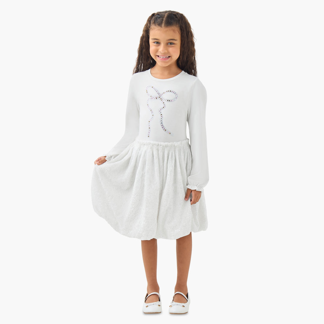 Juniors Round Neck Long Sleeves Knee Length Dress with Sequin Detail