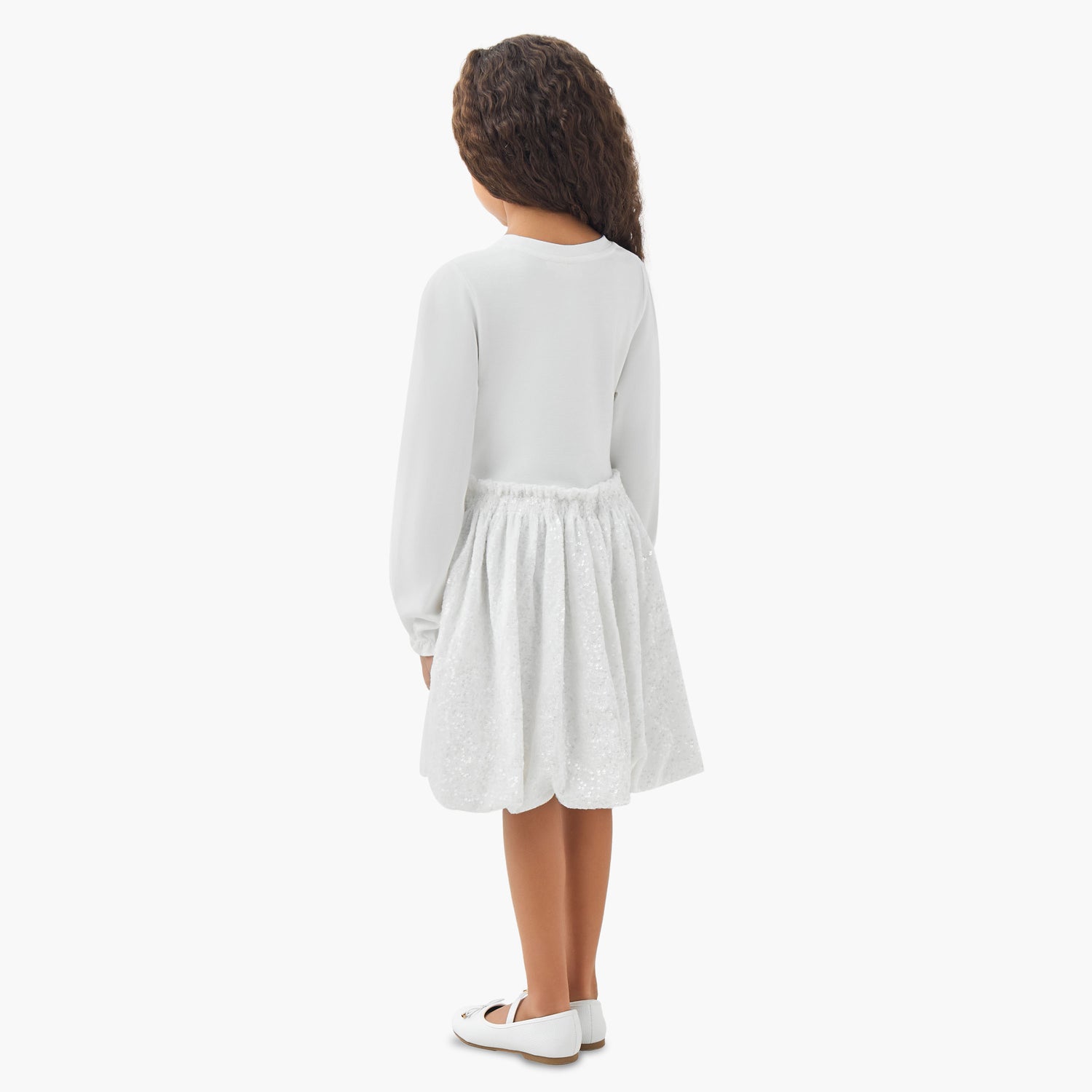 Juniors Round Neck Long Sleeves Knee Length Dress with Sequin Detail