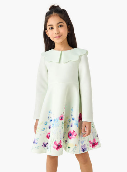 Juniors Round Neck Long Sleeves Knee Length Dress with Floral Print-girls-clothing-dressesandjumpsuits-image-1