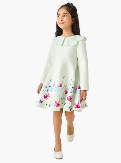 Juniors Round Neck Long Sleeves Knee Length Dress with Floral Print-girls-clothing-dressesandjumpsuits-image-2