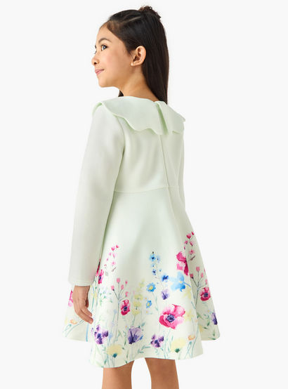 Juniors Round Neck Long Sleeves Knee Length Dress with Floral Print-girls-clothing-dressesandjumpsuits-image-3
