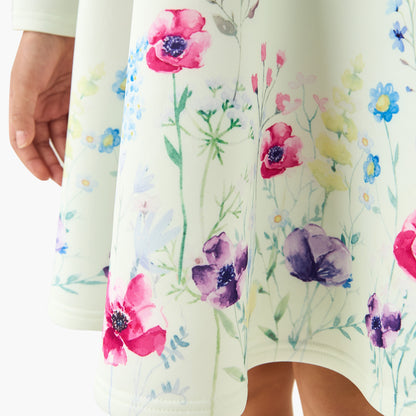 Juniors Round Neck Long Sleeves Knee Length Dress with Floral Print
