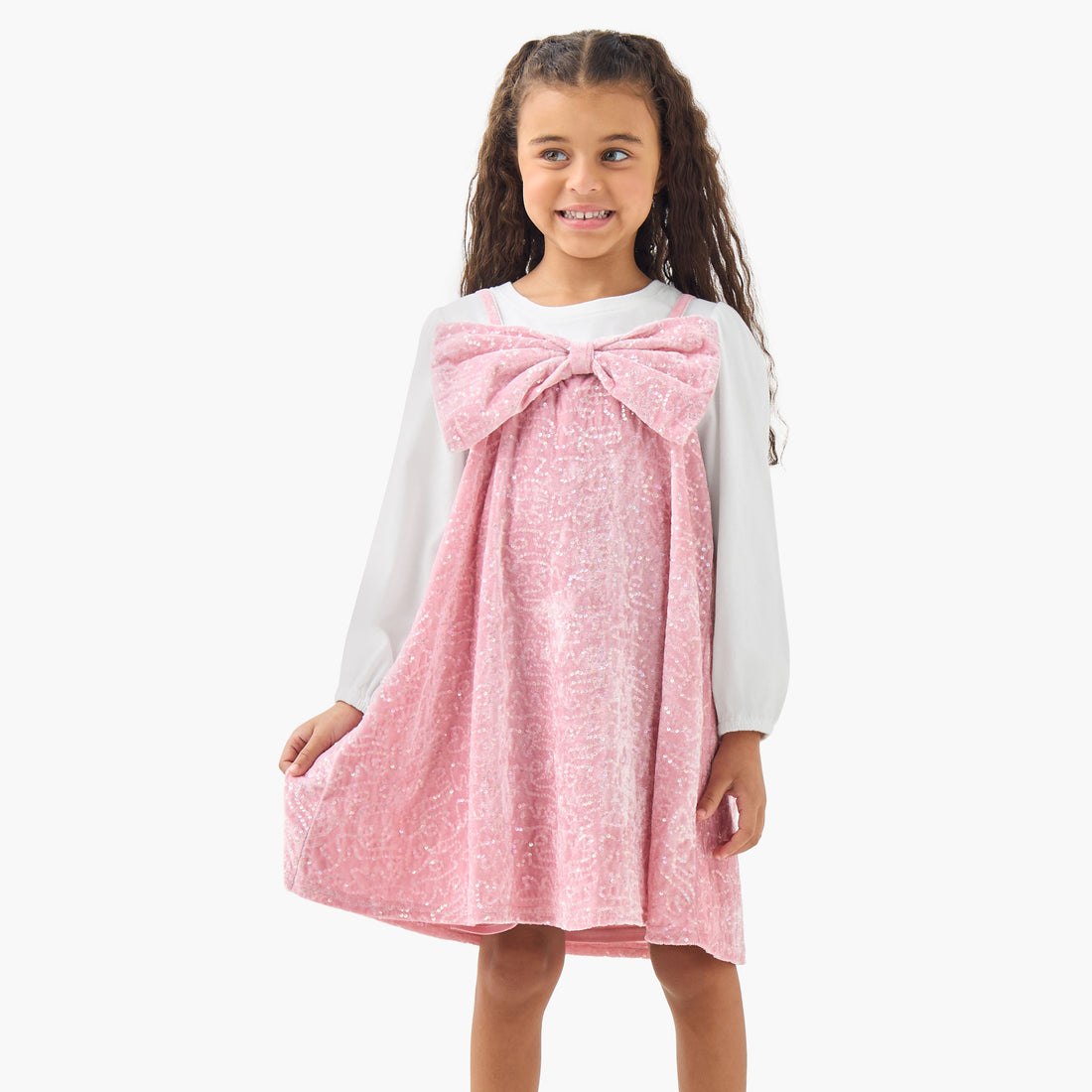 Juniors Round Neck Long Sleeves Knee Length Dress with T-shirt - Pink / 6-7 yrs