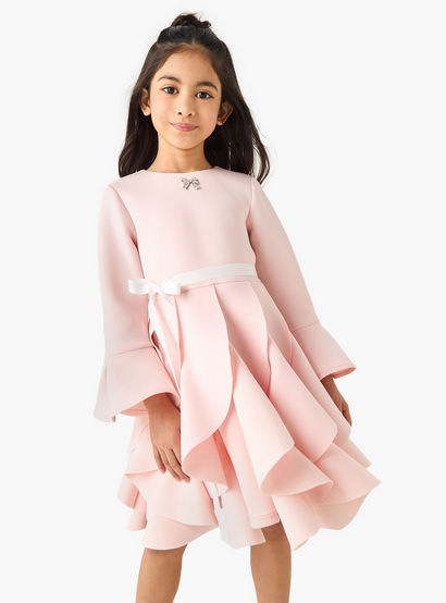Juniors Round Neck Long Sleeves Knee Length Dress with Ruffles-girls-clothing-dressesandjumpsuits-image-1