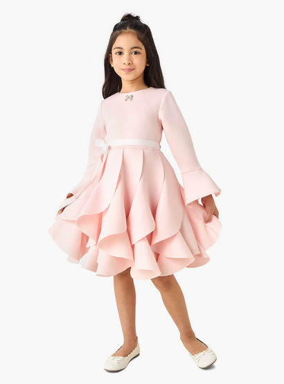 Juniors Round Neck Long Sleeves Knee Length Dress with Ruffles-girls-clothing-dressesandjumpsuits-image-2