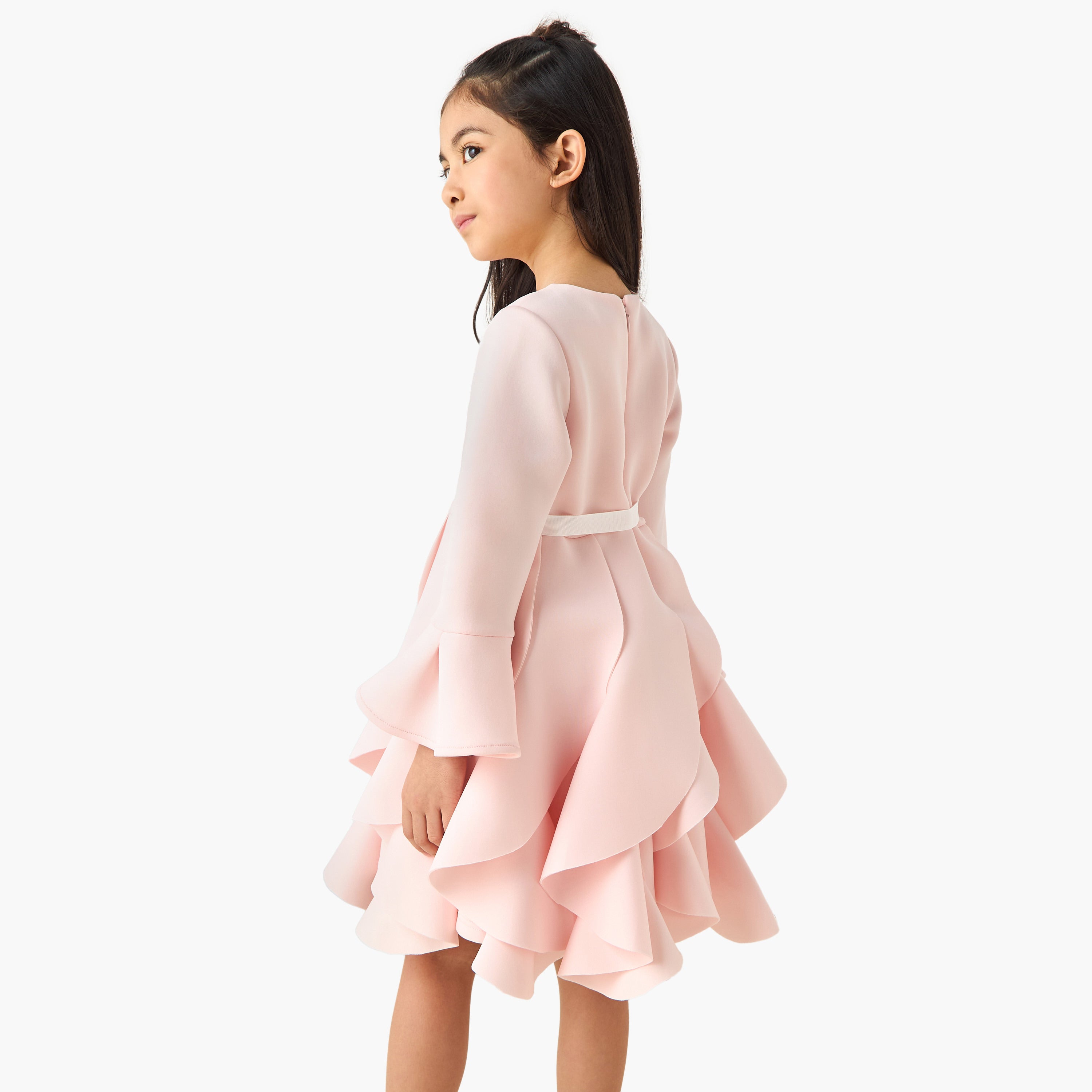 Juniors Round Neck Long Sleeves Knee Length Dress with Ruffles