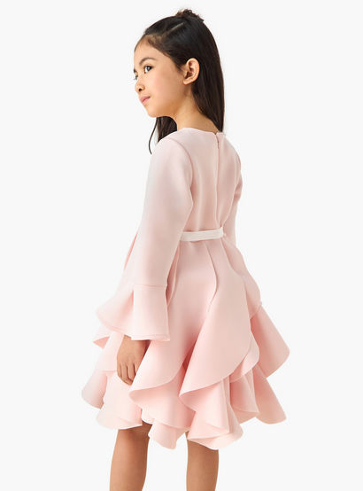 Juniors Round Neck Long Sleeves Knee Length Dress with Ruffles-girls-clothing-dressesandjumpsuits-image-3