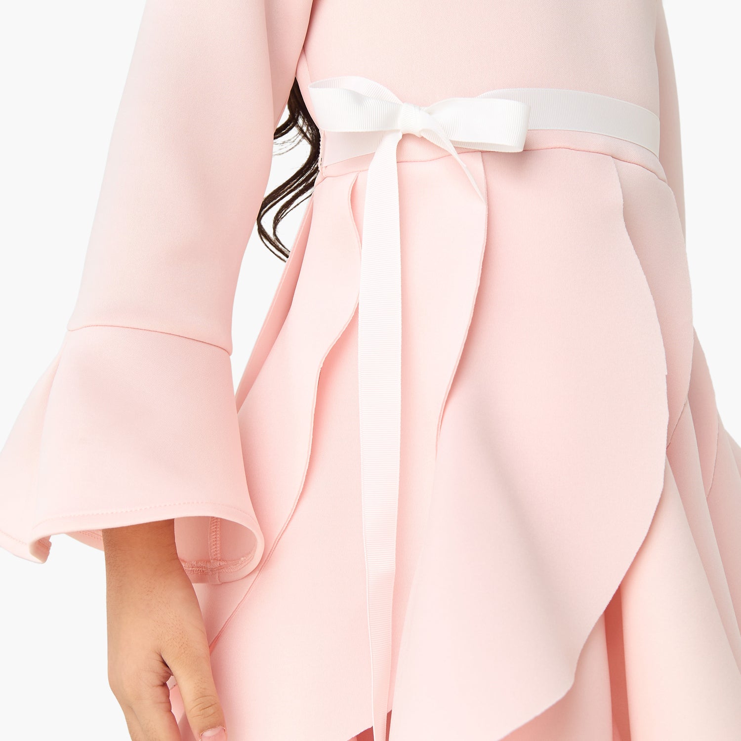 Juniors Round Neck Long Sleeves Knee Length Dress with Ruffles