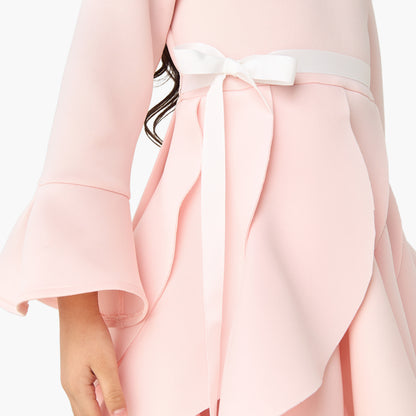 Juniors Round Neck Long Sleeves Knee Length Dress with Ruffles