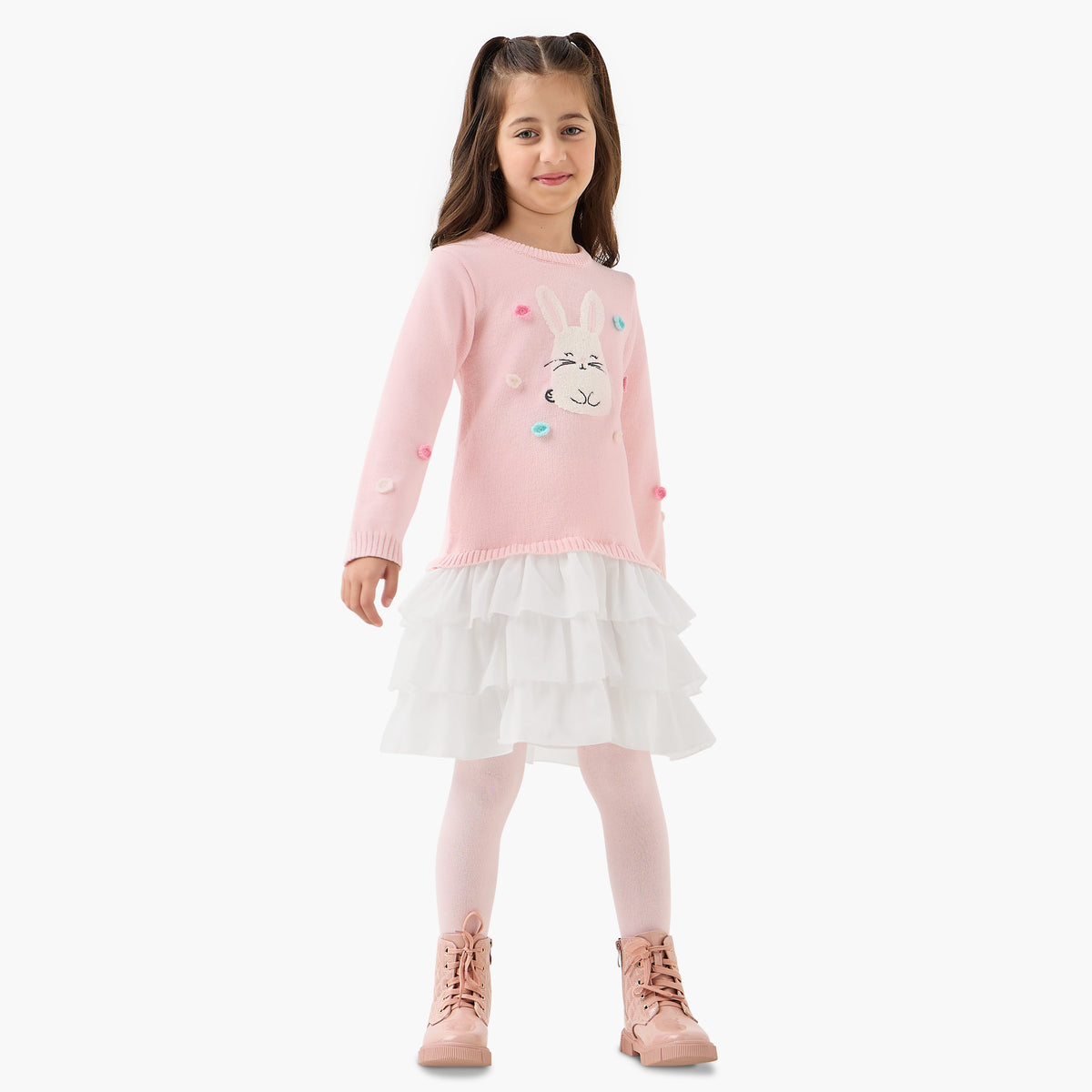 Juniors Bunny Accent Dress with Ruffle Detail
