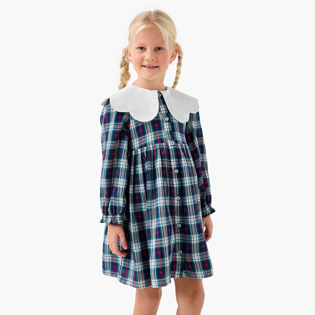 Juniors Peter Pan Collar Long Sleeves Knee Length Dress with Heart Print
