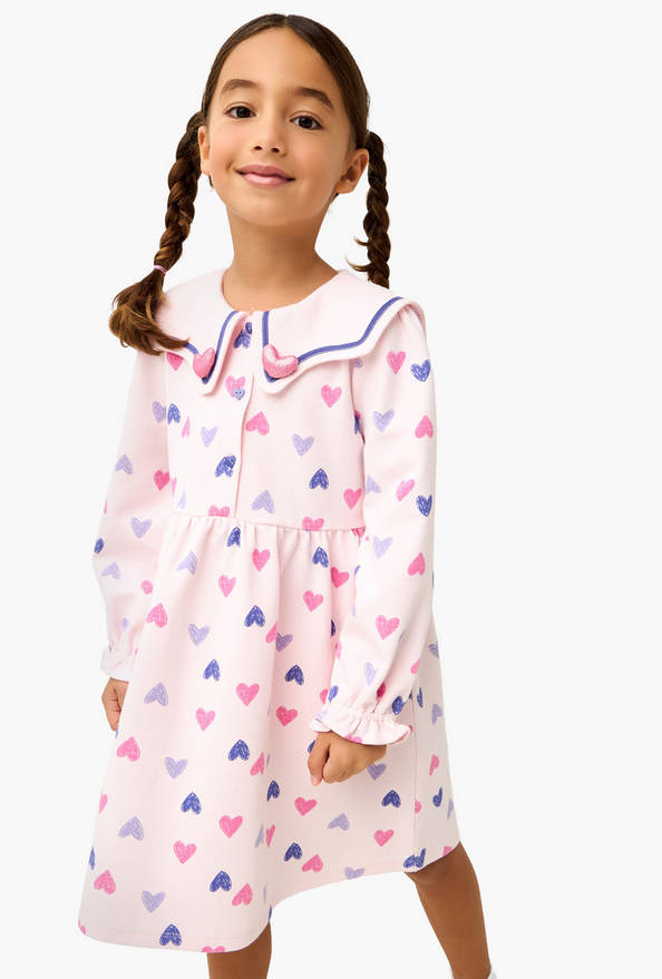 Juniors Sailor Collar Long Sleeves Dress with Heart Print