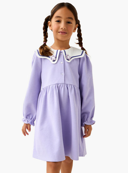 Juniors Sailor Collar Long Sleeves Dress with Floral Applique-girls-clothing-dressesandjumpsuits-image-1