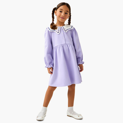 Juniors Sailor Collar Long Sleeves Dress with Floral Applique