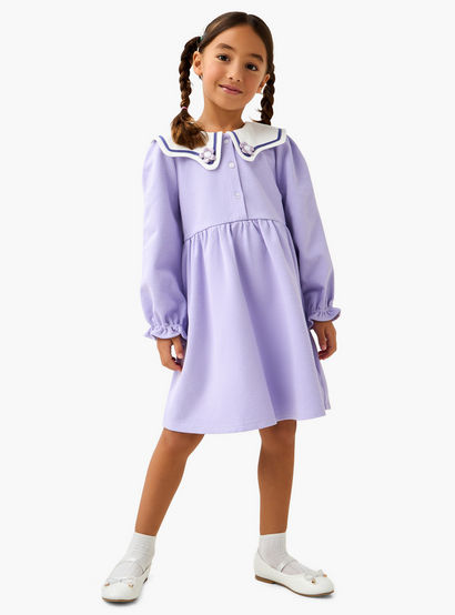 Juniors Sailor Collar Long Sleeves Dress with Floral Applique-girls-clothing-dressesandjumpsuits-image-2
