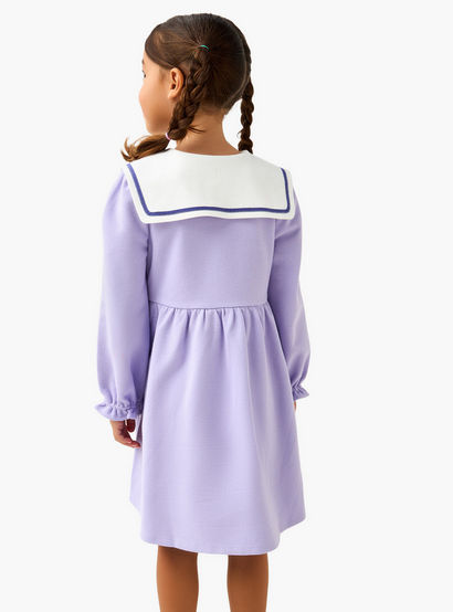 Juniors Sailor Collar Long Sleeves Dress with Floral Applique-girls-clothing-dressesandjumpsuits-image-3