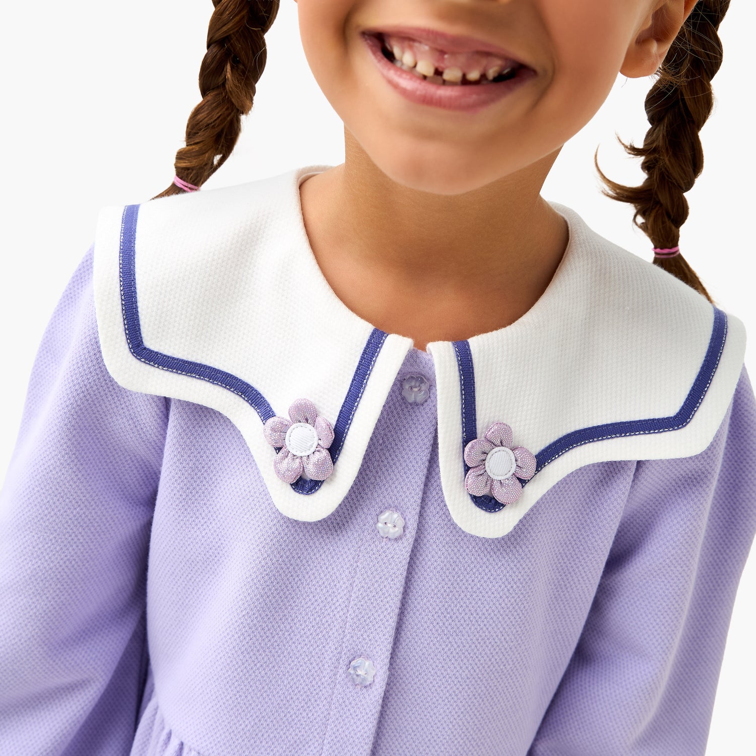 Juniors Sailor Collar Long Sleeves Dress with Floral Applique