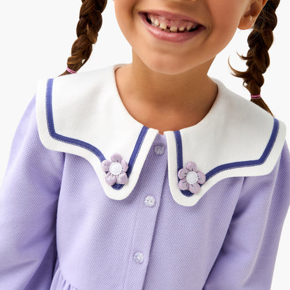 Juniors Sailor Collar Long Sleeves Dress with Floral Applique