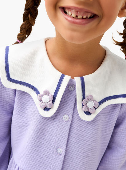 Juniors Sailor Collar Long Sleeves Dress with Floral Applique-girls-clothing-dressesandjumpsuits-image-4